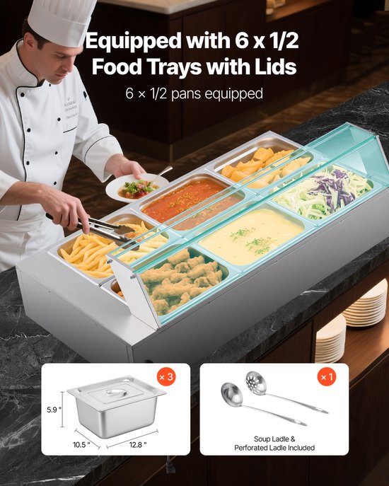 Commerciële Voedselverwarmer met 6 Halve Containers, 1,5 kW Elektrische Roestvrijstalen Verwarmer met Glazen Deksel en Lepel, Ideaal voor Catering, Restaurants en Evenementen — afbeelding 3