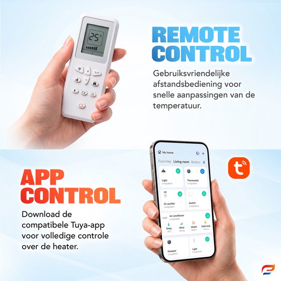 Hand met witte afstandsbediening, scherm toont 25°C. Hieronder een smartphone met de Tuya app.