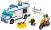 LEGO City Gevangenentransport set met politiebus, motor, politieagent, gevangene en wegversperring.