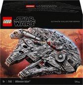 LEGO Star Wars Millennium Falcon Ultimate Collector Series. Grijs en wit ruimteschip met rode details, vliegend door de ruimte met een oranje/rode achtergrond.