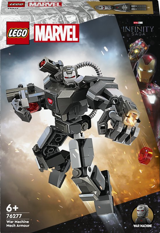 LEGO Marvel War Machine Mech Armour boxart met de mech in actie, Iron Man en de Infinity Gauntlet.