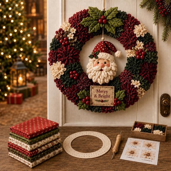 Een opgebouwde kerstkrans met kerstman, kersttakken en geschenkdozen op de achtergrond.