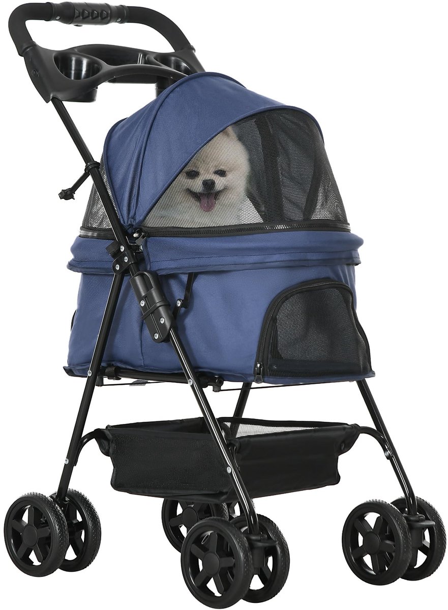 Hondenbuggy Opvouwbaar – Waterdicht – Voor Kleine Honden tot 4 kg – 4 Wielen – Donkerblauw
