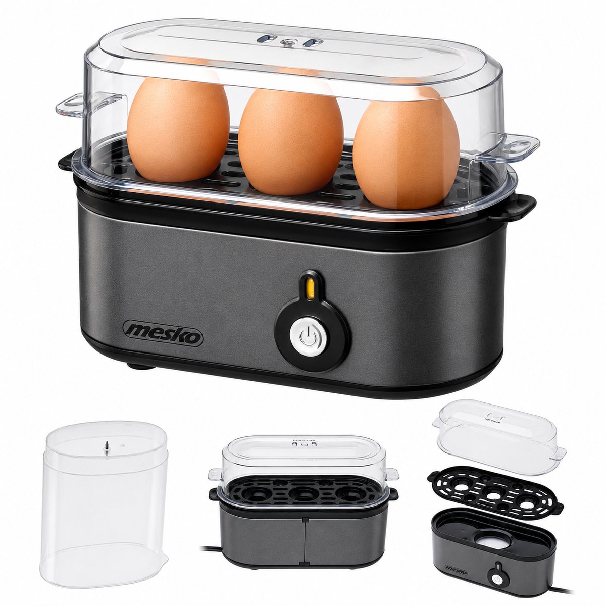 DPLUNIQ Eierkoker - Stoomkoker - Keuken - Stomer - Compact - Travel-Friendly - 3 Eieren - Kookregeling - 21x8,5x13,5cm - Grijs
