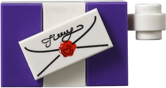 LEGO envelop met rode waxzegel in hartvorm en paarse en witte blokjes.