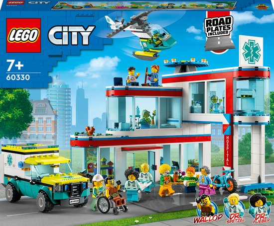 LEGO® City Ziekenhuis 60330 bouwset; speelset met meerdere ruimtes en meerdere functies met een ambulance en reddingshelikopter plus 12 minifiguren, waaronder 4 personages uit de LEGO City tv-serie, voor kinderen vanaf 7 jaar (816 onderdelen)