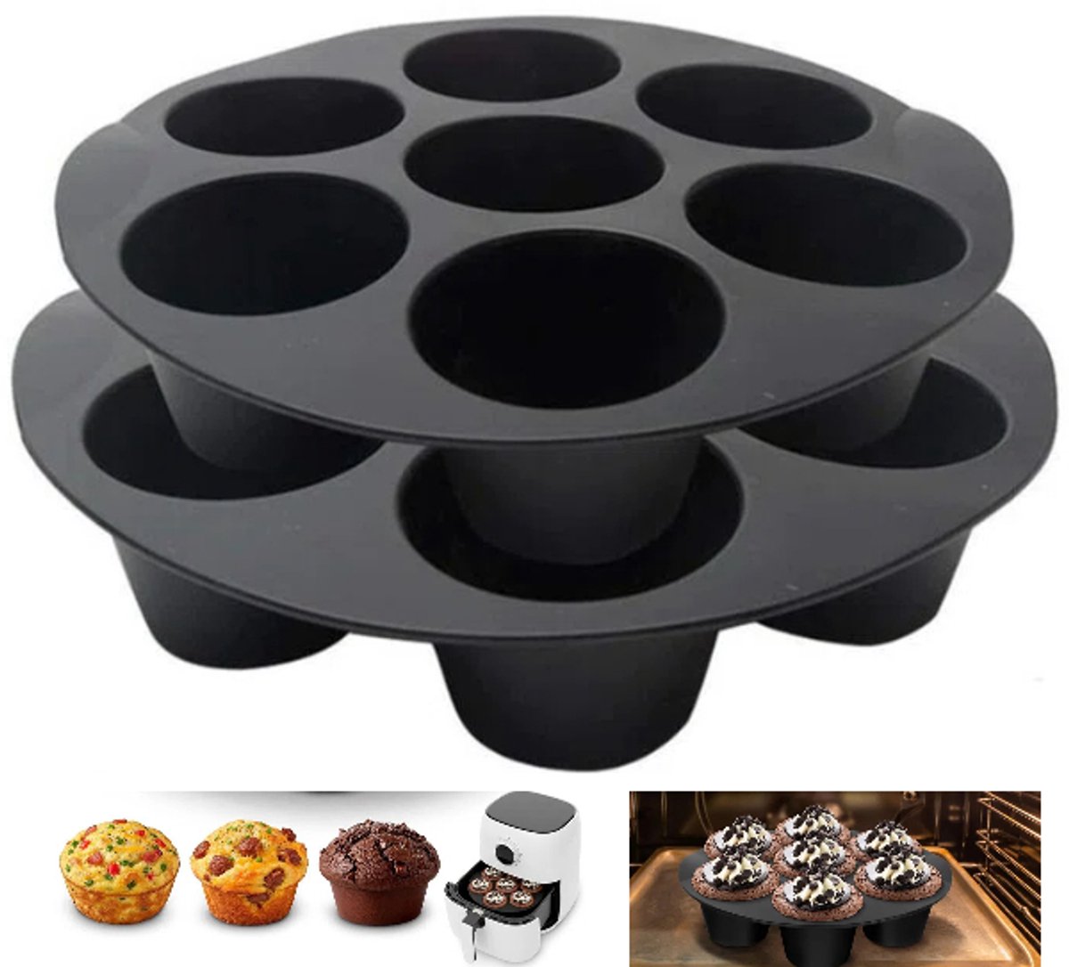 2 stuks - Siliconen cakevorm met 7 gaten - Cilindrische vorm - Siliconen bakvorm - Cupcakevorm - Zwart - Geschikt voor airfryers - Perfect voor zelfgemaakte eiersnacks, miniquiches, muffins, taartjes