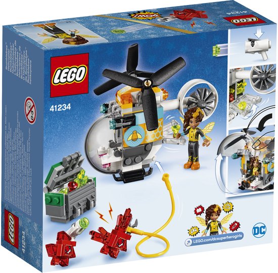 LEGO doos met Bumblebee helikopter, speelgoedfiguur, kist, kristallen, vliegende robots en superhelden