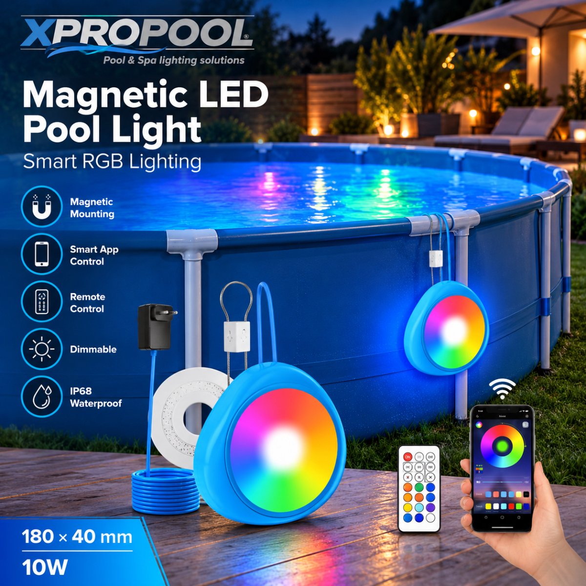 XPRO POOL | Magnetische RGB LED Zwembadlamp met Smart App Bediening 180 x 40mm