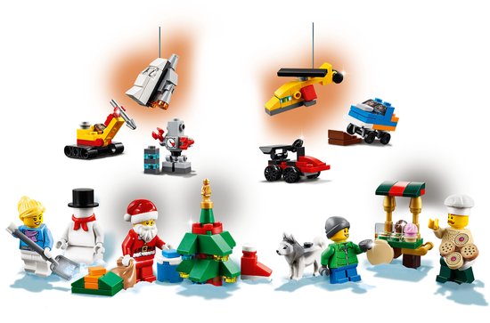 Miniatuur Lego City kerstscène met figuren, dieren en voertuigen.