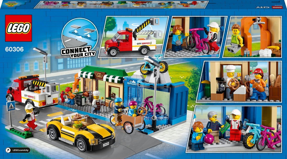 LEGO® City Winkelstraat 60306 bouwset; bevat LEGO wegplaten, een fietsenwinkel, bakkerij en park met fitnesstoestellen, plus een bakfiets, servicetruck, sportauto en 6 minifiguren (533 onderdelen) — cadeau in Spellen & Speelgoed - foto 4
