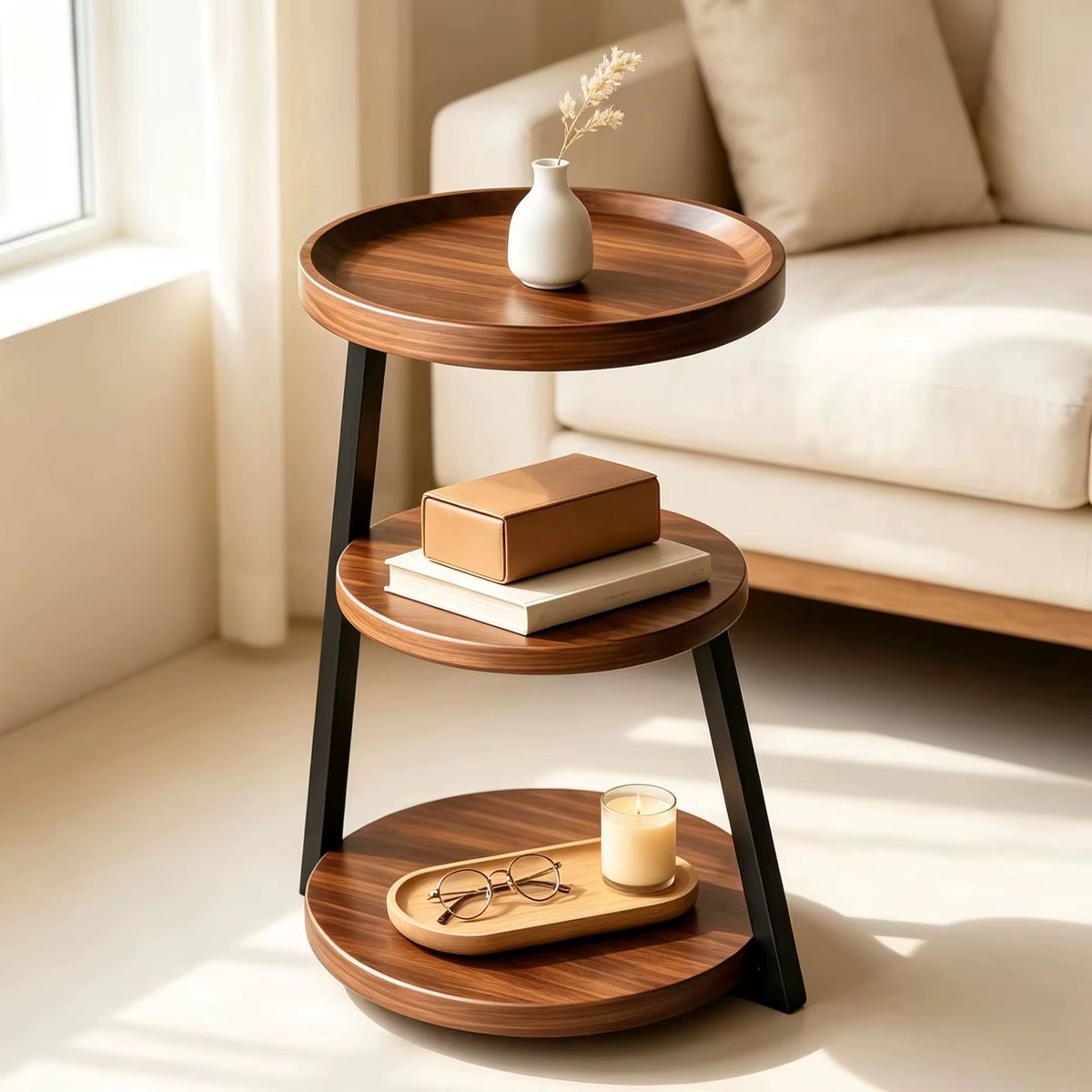 CreateEcom salontafel - nachtkastje - bijzettafel - 3-laags ronde bijzettafel - Klein nachtkastje met opbergruimte - Gepoedercoat metalen frame - Waterdicht tafelblad - Bruin