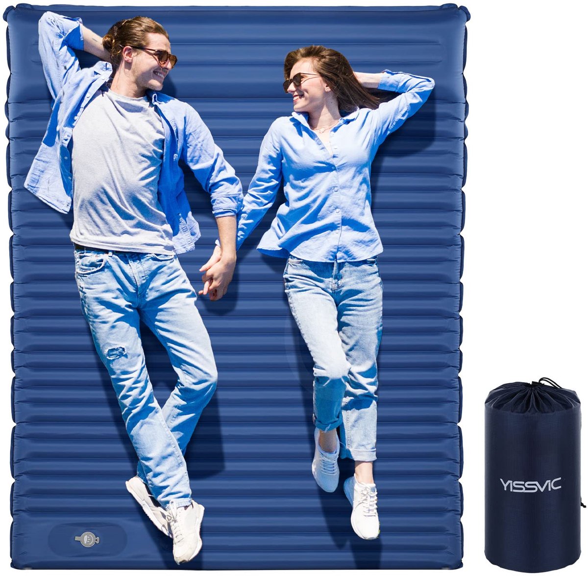 Yissvic Slaapmat 2 personen slaapmat zelfopblazend met voetpomp luchtmatras voor buiten kamperen wandelen turquoise - ShopVlot