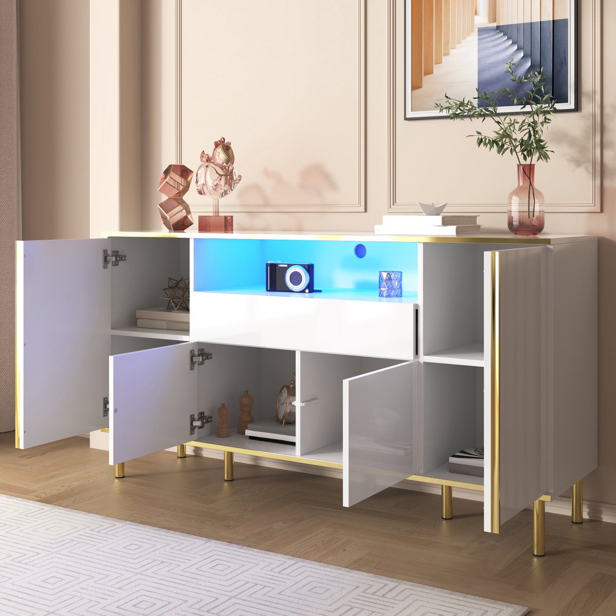 Merax Dressoir - Wit Hoogglans - 150 x 40 x 80 cm - 4 Deuren - 1 Lade - Ledverlichting - Goudkleurige Details - Opbergkast Woonkamer
