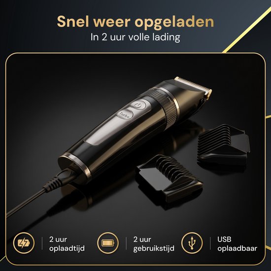 Zwarte tondeuse met zilverkleurige knop en USB-kabel, naast 2 opzetstukken.