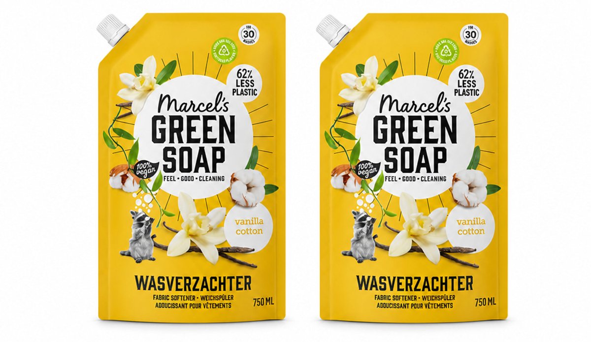 2 x Marcel's Green Soap - Wasverzachter - Navulling - Katoen & Vanille - Zachte frisheid- 30 Wasbeurten - 750 ml - Bulkverpakking - 2 stuks
