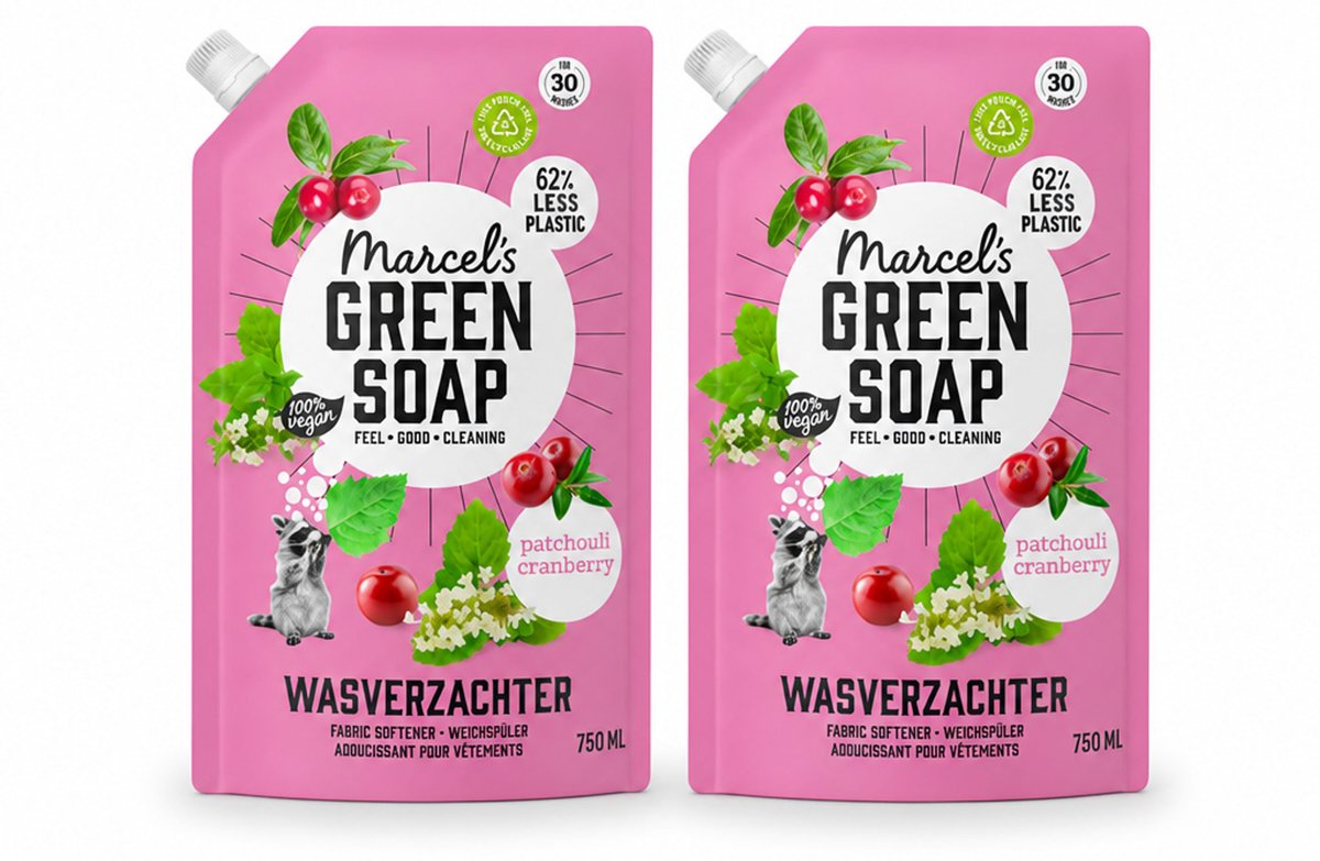 2 x Marcel’s Green Soap – Wasverzachter – Patchouli & Cranberry - Navulling – 750 ml - Bulkverpakking - 2 stuks