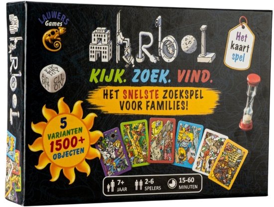 Doos van het Ahrbol kaartspel, met de tekst 'Kijk. Zoek. Vind. Het snelste zoekspel voor families!' in gele letters. Bevat een zandloper en diverse kaarten.