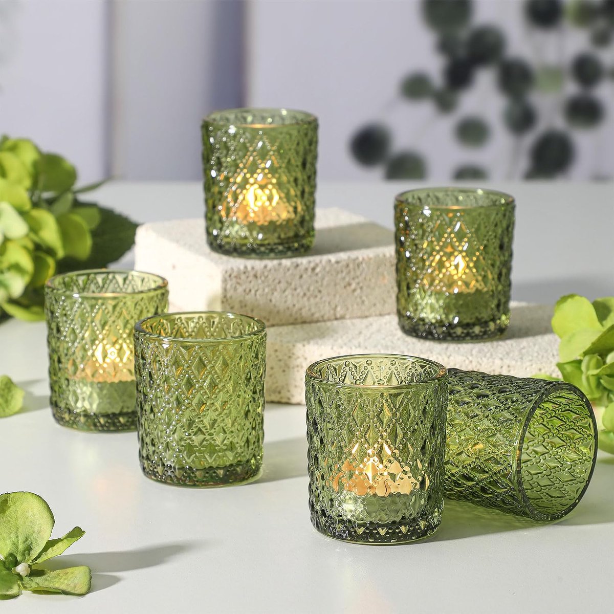 Theelichthouder - Set van 12 - Glas - Vintage - Met LED