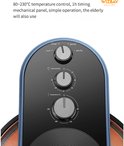 Close-up van de bedieningsknoppen van een blauwe airfryer met instellingen voor tijd en temperatuur tot 230°C.
