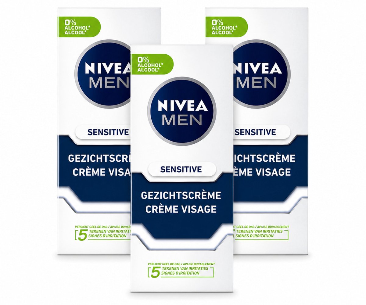 3 x NIVEA MEN - Sensitive - Dagcrème Gezicht - 75 ml - Bulkverpakking - 3 stuks