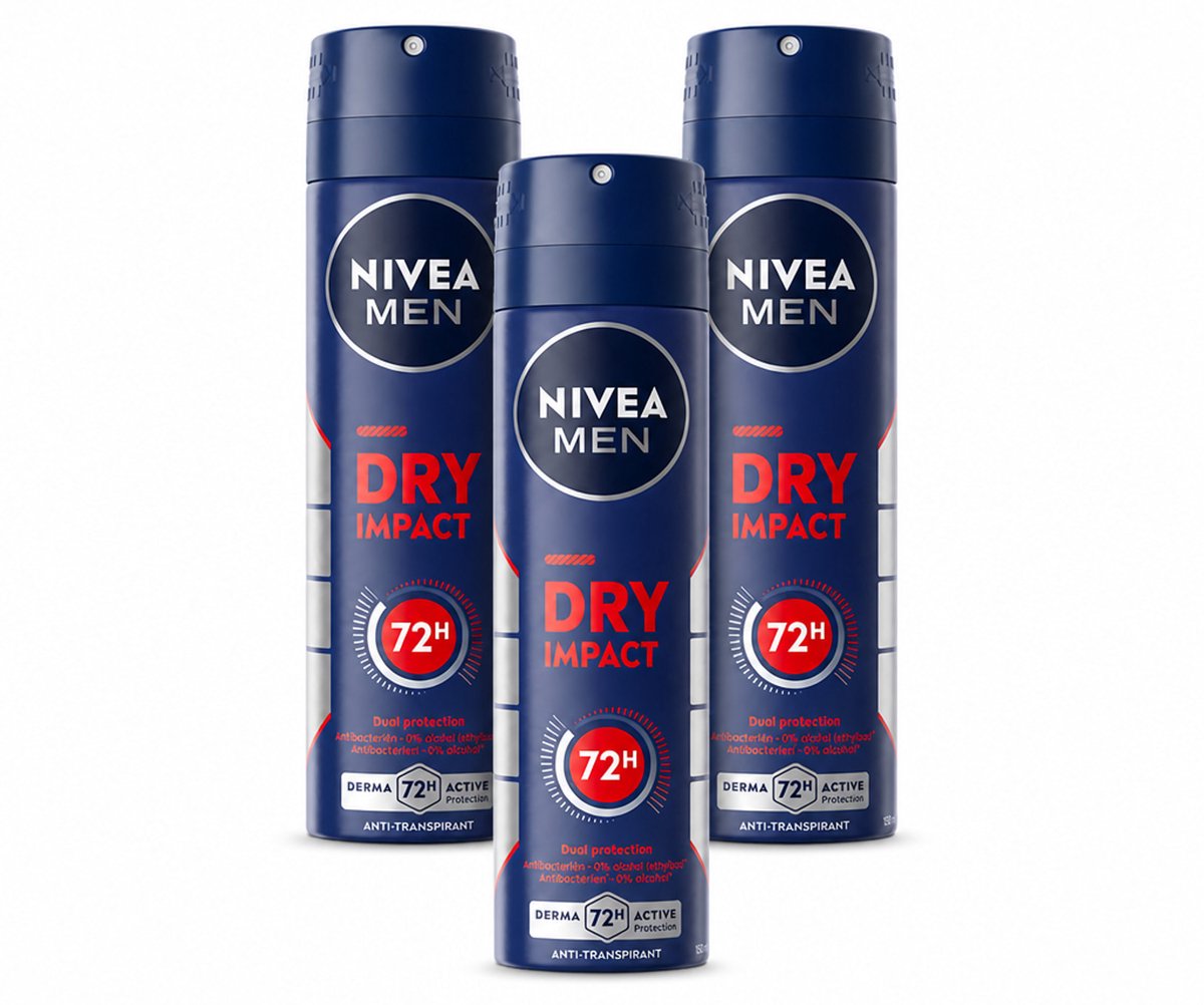 3 x NIVEA MEN - Deodorant Spray - Dry Impact - 150 ml - Bulkverpakking - 3 stuks