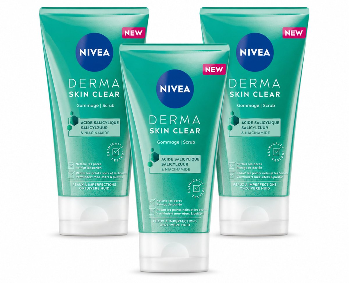 3 x NIVEA - Gezichtsscrub - DERMA Huidzuiver - Voor onzuivere huid - Met Salicylzuur (AHA) & Niacinamide - Tegen Acne & Mee-eters - 150 ml - Bulkverpakking - 3 stuks
