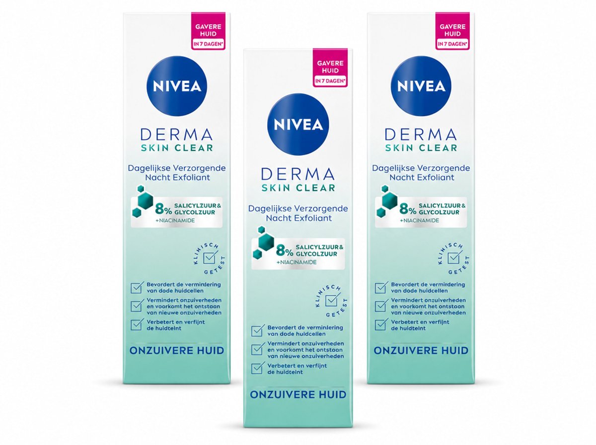 3 x NIVEA - Nacht Exfoliant - DERMA Huidzuiver Dagelijkse Verzorging - Met Salicylzuur (AHA), Glycolzuur & Niacinamide - Tegen Acne & Mee-eters - 40 ml - Bulkverpakking - 3 stuks