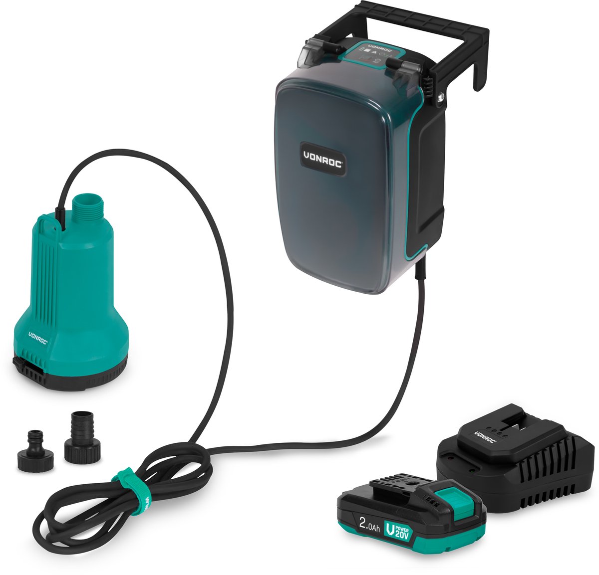 VONROC Accu Dompelpomp 20V - 90W – 4.500 l/h, 0,8 bar – vlakzuigend tot 1mm – schoonwater - Incl. 2.0Ah accu en snellader