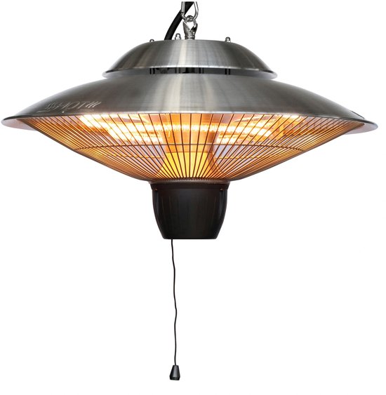 Een hangende terrasverwarmer met een zilverkleurige metalen kap en gloeiende warmte-elementen.