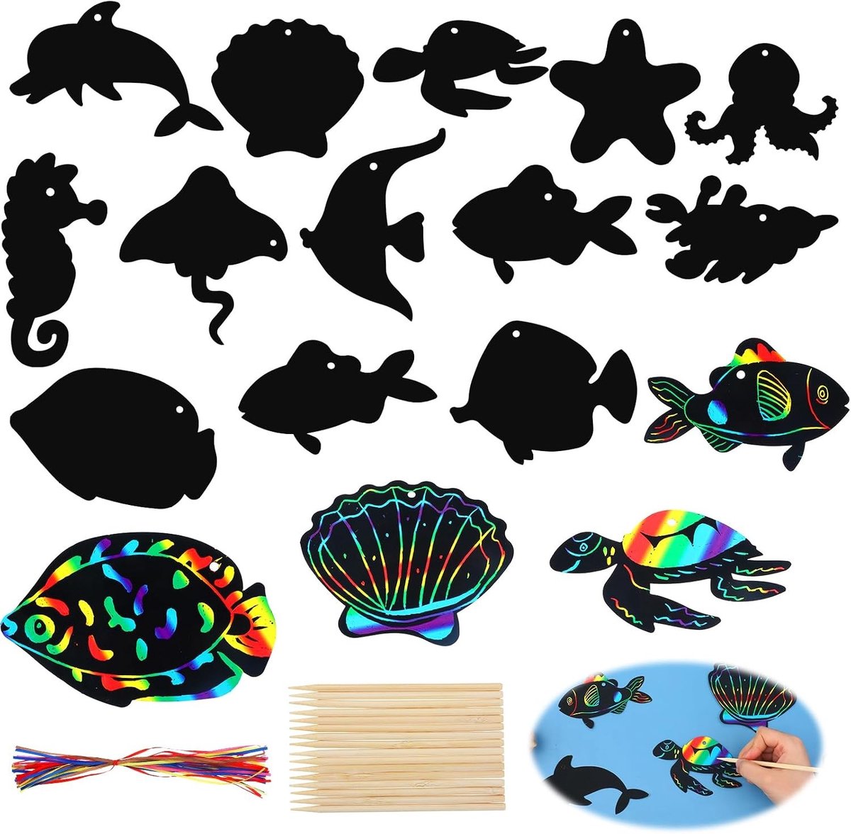 36 Stuks Zeedieren Krabbelplaten voor Kinderen - Regenboog Scratch Art met Houten Stok en Riem - Creatieve DIY Knutselset voor Feestjes en Verjaardagen met Zee Thema