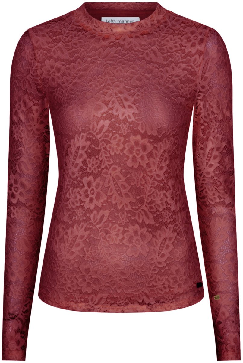 Lofty Manner rode dames t-shirt   Ronde hals   Slim Fit   Geborduurd   Lange mouw Rood XL