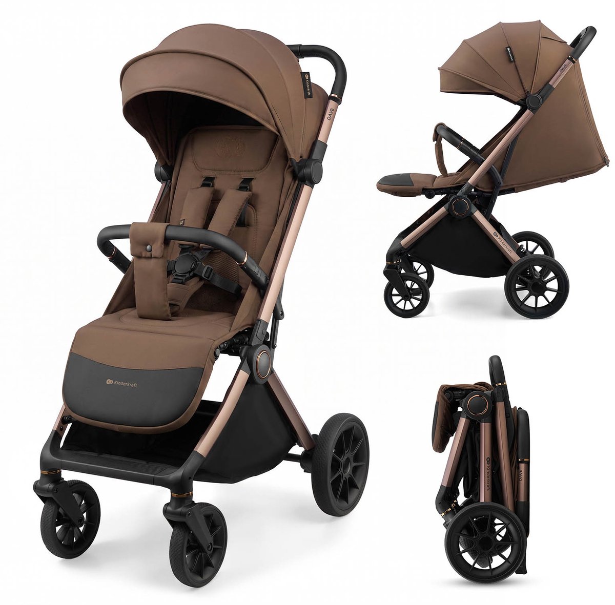 Kinderkraft DAVE - Kinderwagen - Met één hand inklapbaar - 5-puntsgordel - Mesh zitting - Bruin