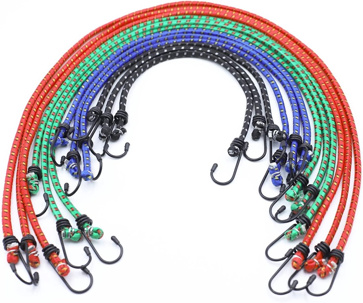 Fiets sleeptouw - Zwart/Blauw/Groen/Rood - 12 stuks - Elastische Spanbanden met Metalen Haken - Voor Transport en Bevestiging