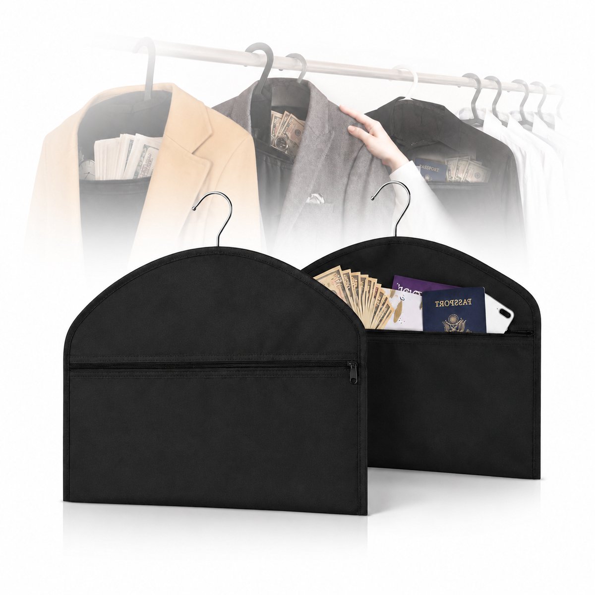 VHV-2pcsVerborgen opbergtas kledinghanger - Discrete opbergruimte met rits - 44 x 32 cm - Voor paspoort, geld en documenten - Voor kast en reizen，slaapzaal, slaapkameri - Zwart