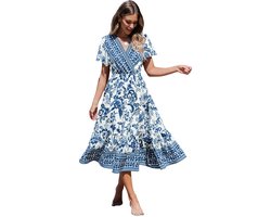 Cupshe - Jurk - Geweven - Overslaghals - Korte Mouwen - Elastische Taille - Midi - A-Lijn - Dames - Blauw