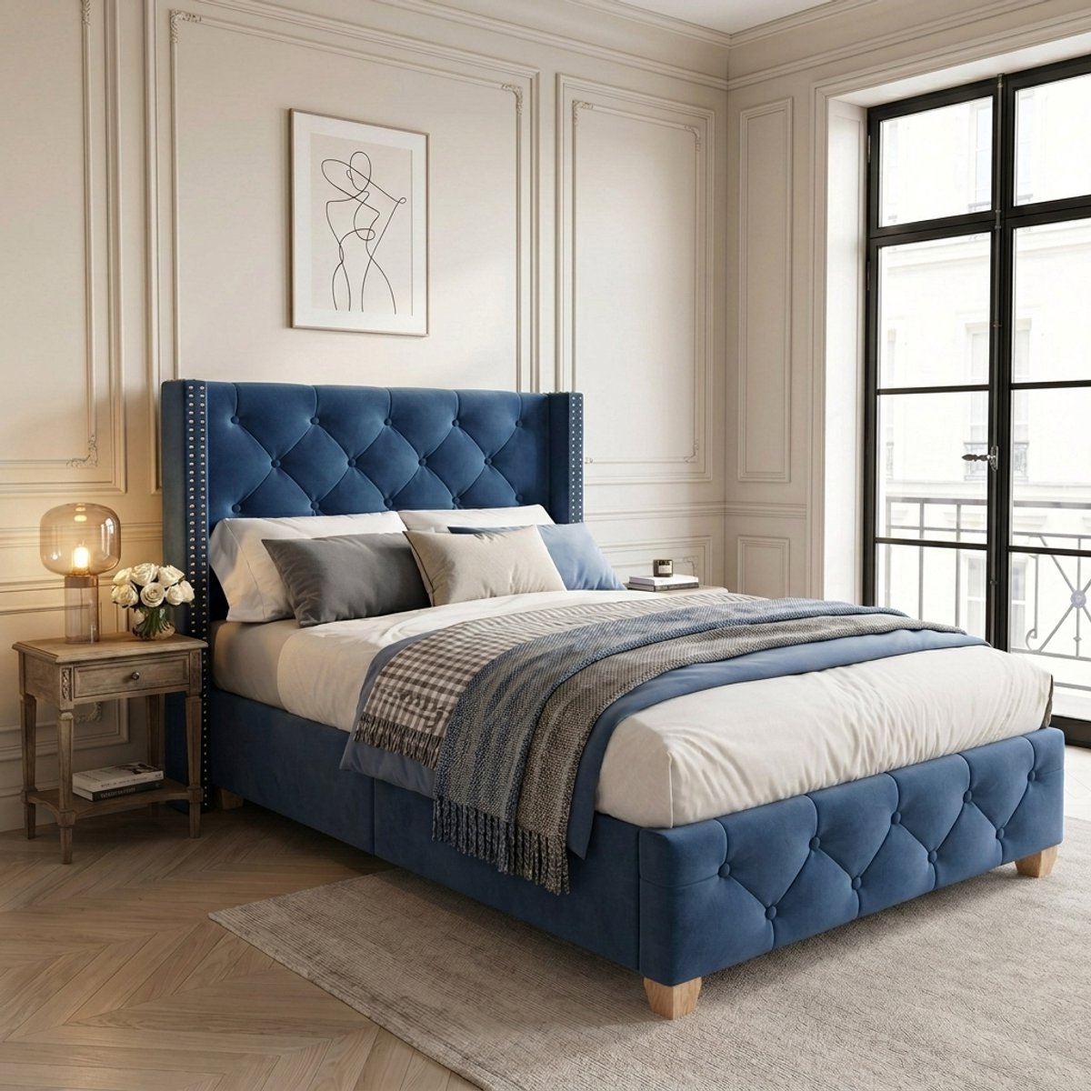 WUVRIE Normaal bed 90x200 cm met fluwelen bekleding, hoofdbord en lattenbodem, blauw