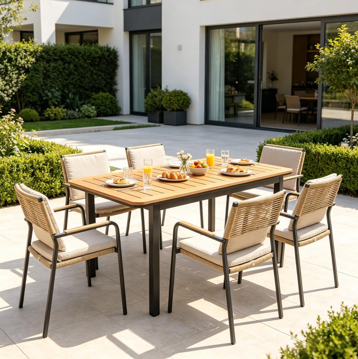 Wishdor Tuintafel - Rechthoekig en geschikt voor 6 personen - Houtlook blad en metalen frame - Voor tuin, terras en balkon - Bruin - 127 x 70 x 75 cm
