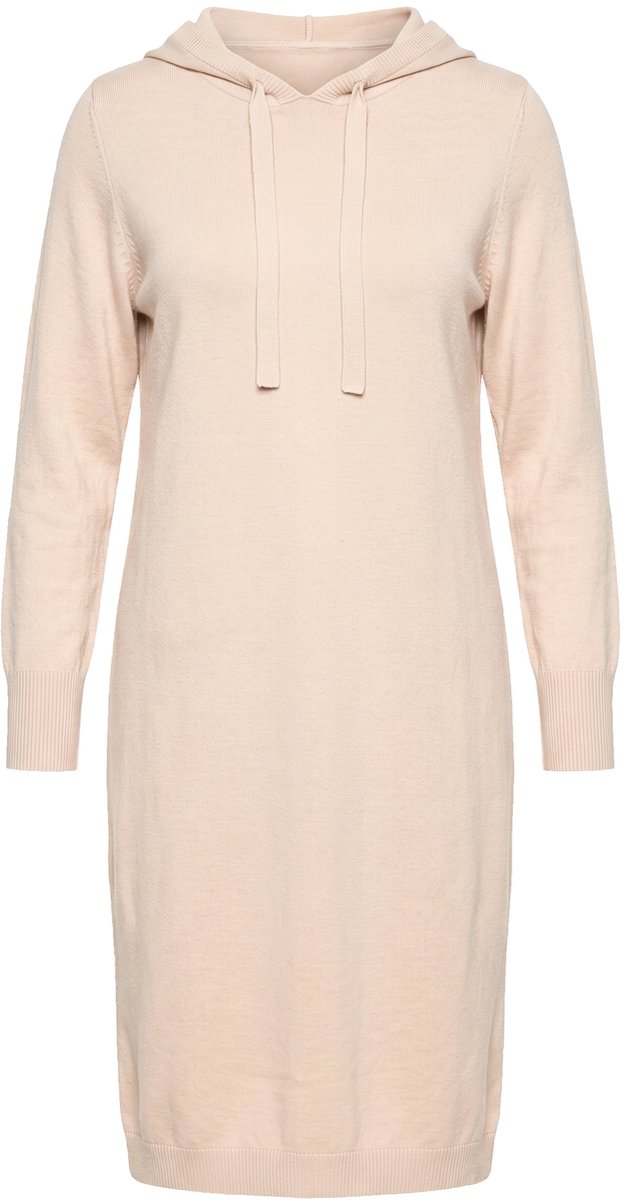 Ulla Popken - Dames - Gebreide midi-jurk capuchon lange mouwen - Beige gemêleerd - Maat 42+