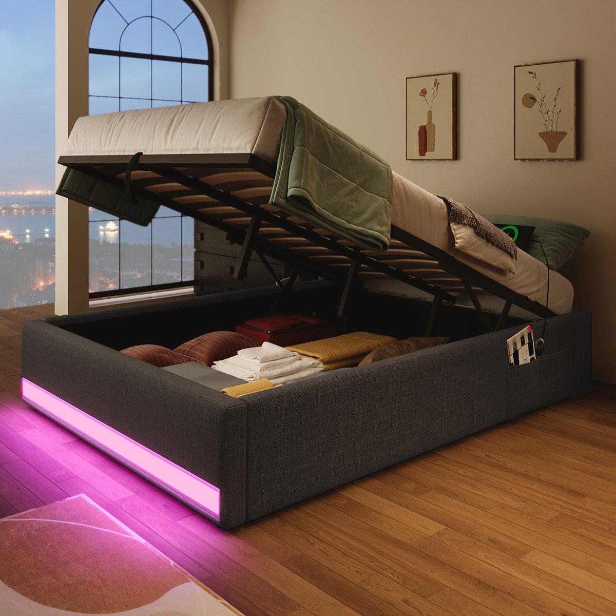 WUVRIE Gestoffeerd bed 90x200 cm met LED, USB en Type-C, hydraulische opbergruimte, Grijs