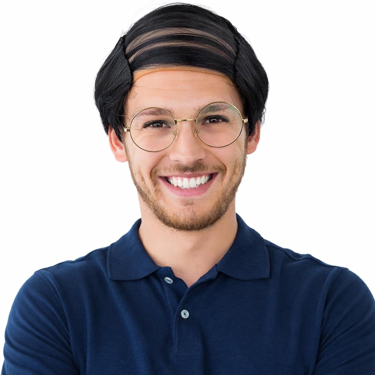 Grappig kostuum voor mannen met een kalende look, realistische pruik en accessoires voor Halloween en carnaval