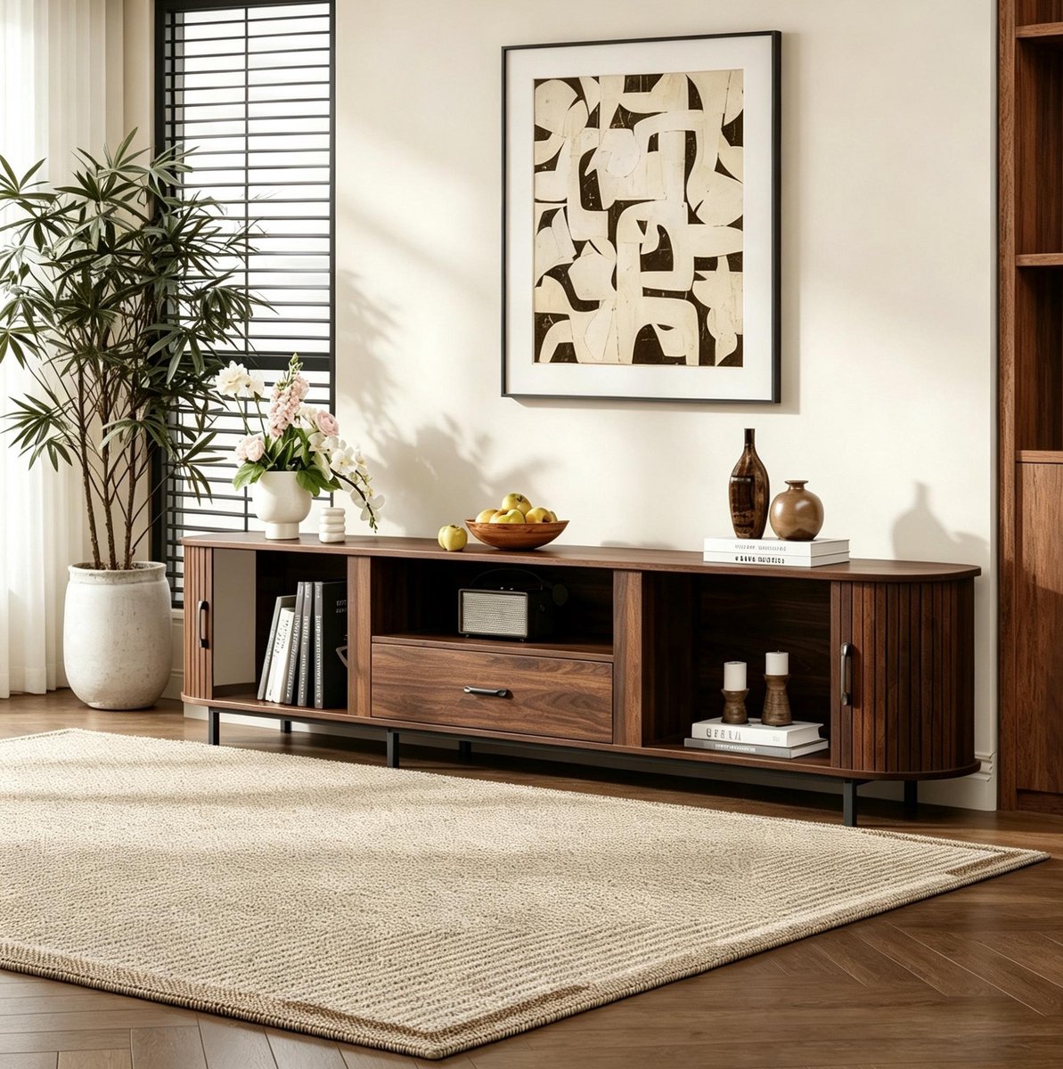MODENUIT TV-Meubel - Schuifdeuren, Lade En Open Vakken - Voor Woonkamer - MDF Walnoot - 180x40x50 Cm