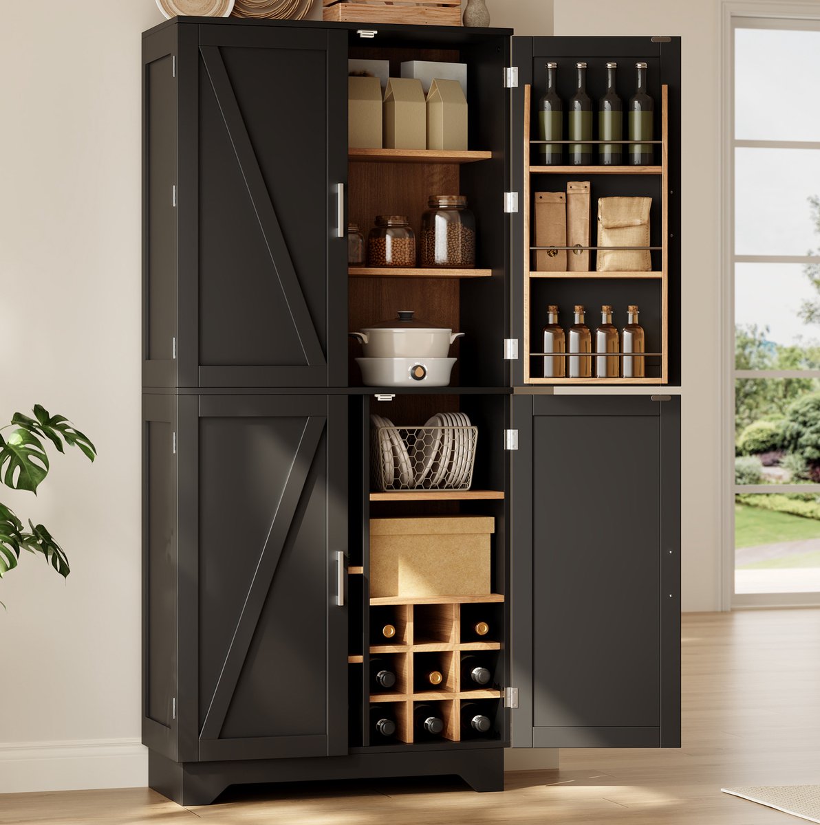 OKWISH Keukenkast – Hoge Opbergkast Met 4 Deuren En Wijnrek – Voor Keuken Eetkamer En Woonkamer – MDF Zwart Natuur – 80 x 40 x 180 cm