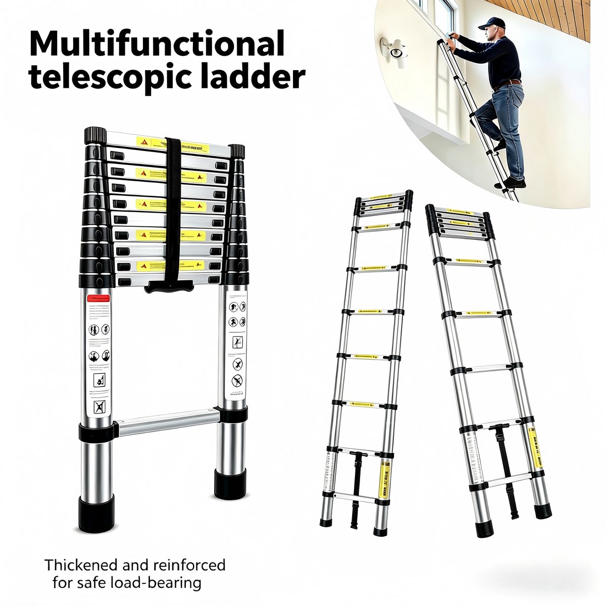 Telescopische Ladder 3,2 Meter – RVS – 150 kg – EN131 – met Stabilisatorstang