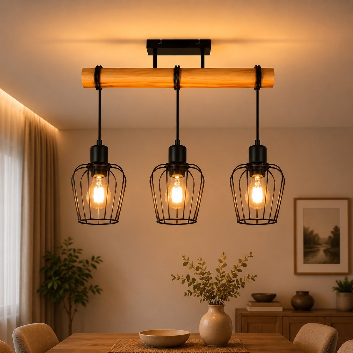 Retro Plafondlamp Half Flush Mount, Zwart Metaal en Hout, E27, Geschikt voor Eettafel, Woonkamer, Keuken