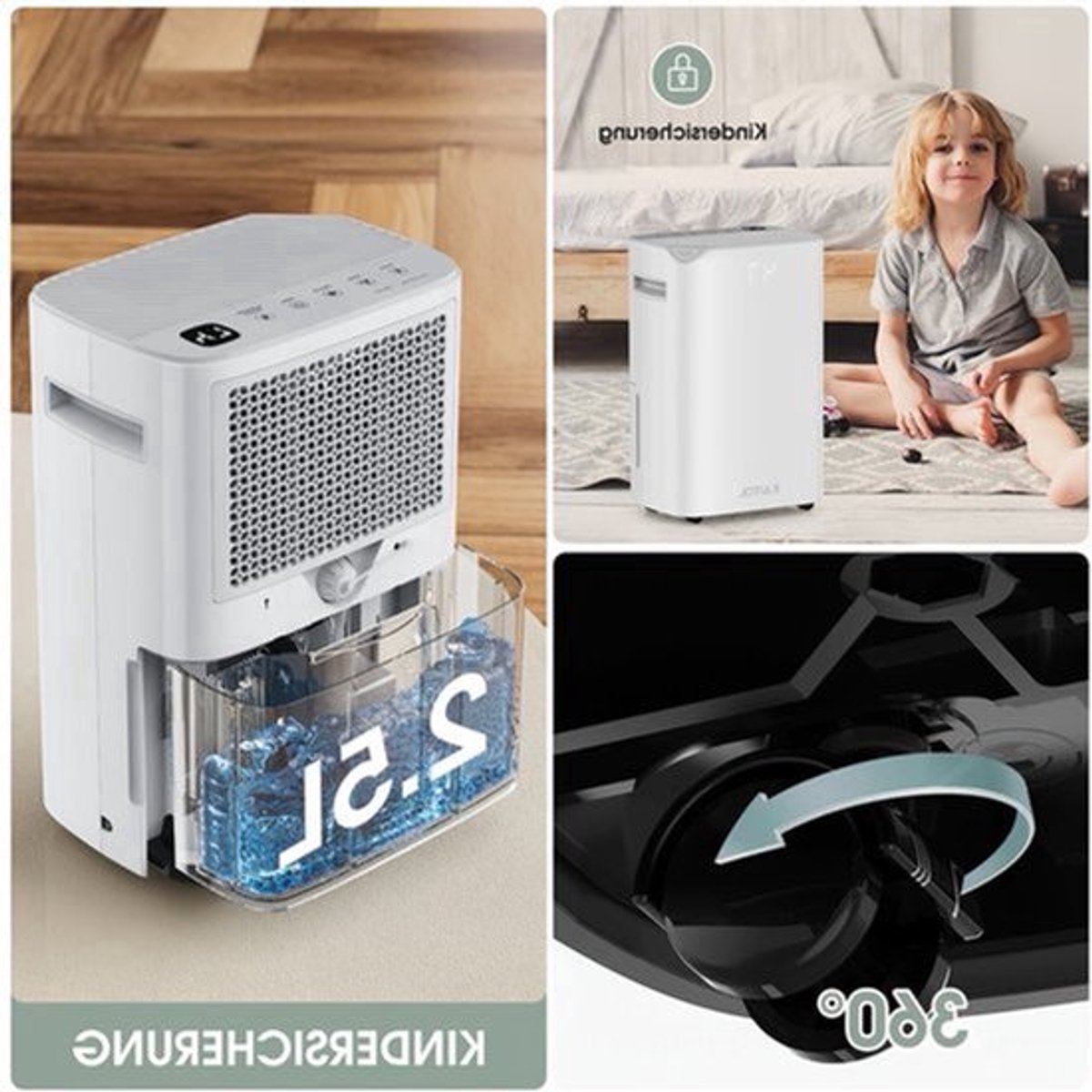 Luchtontvochtiger – Ontvochtiger – Vochtvreter – Droger – Vochtbestrijder – 20L Capaciteit – Stil Geluid <38dB – Wit – Automatische Vochtigheidssensor – 24-Uurs Timer – Grote 2,5L Tank – Mobiel Met Wieltjes