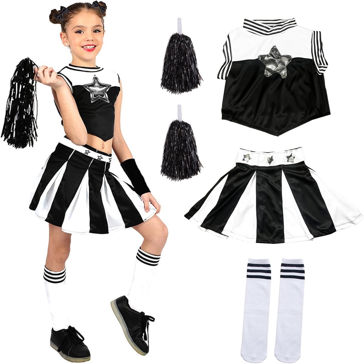 Leuke Cheerleader Kostuum voor Kinderen met Pompoms en Kousen - Perfect voor Carnaval, Halloween en Cosplay