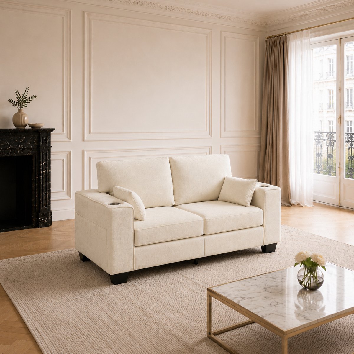 STILVORA Zitbank 2-Zits 182 Cm Met Extra Diepe Zitdiepte Van 53 Cm Bekerhouders En Opbergvakken Voor Woonkamer Chenille Beige