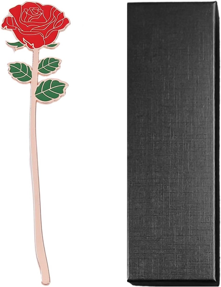 Handgemaakte metalen boekenlegger met rode rozenprint en geschenkdoos, perfect als cadeau voor boekenliefhebbers