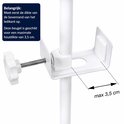 Close-up van een witte beugel met een draaiknop op een witte staaf, met een markering voor 'max 3,5 cm'.